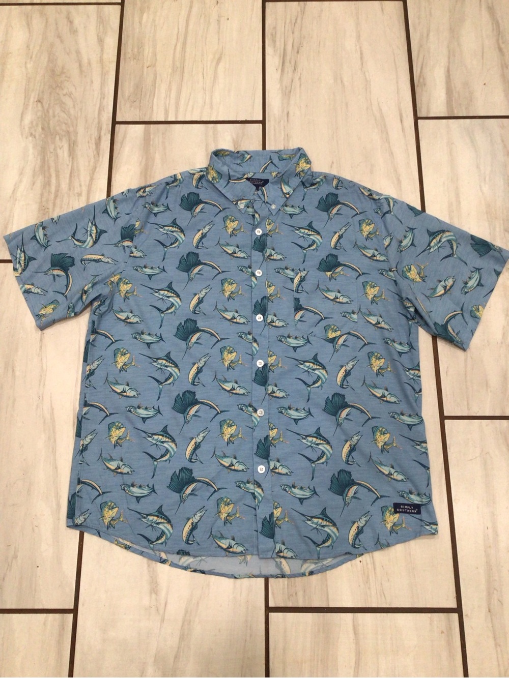 Simply Southern Saltwater Fish Button Up Shirt Mens L Blue Fishing Performance - Picture 2 of 6